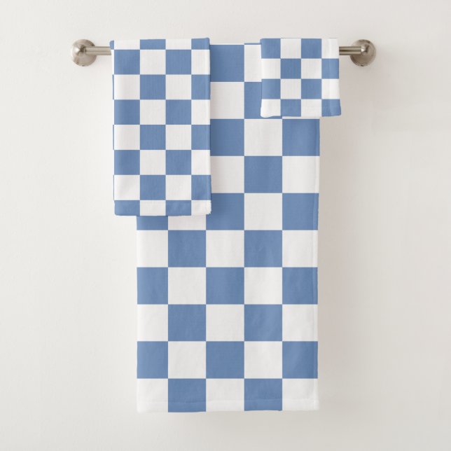 Chequered Blue/Grey and White Bath Towel Set (Insitu)