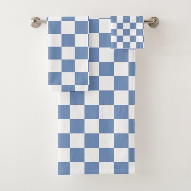 Chequered Blue/Grey and White Bath Towel Set (Insitu)