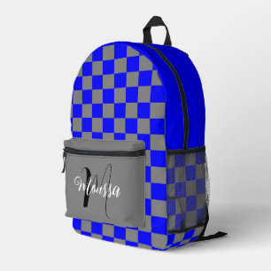 Chequered Blue Grey Colour - Initial Name Monogram Printed Backpack