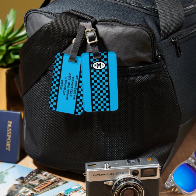 Chequered Blue Monogram Luggage Tag (Front & Back)