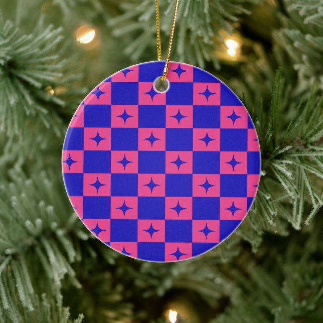 Chequered Blue & Pink Tile With Sparkles Pattern Ceramic Tree Decoration (Tree)