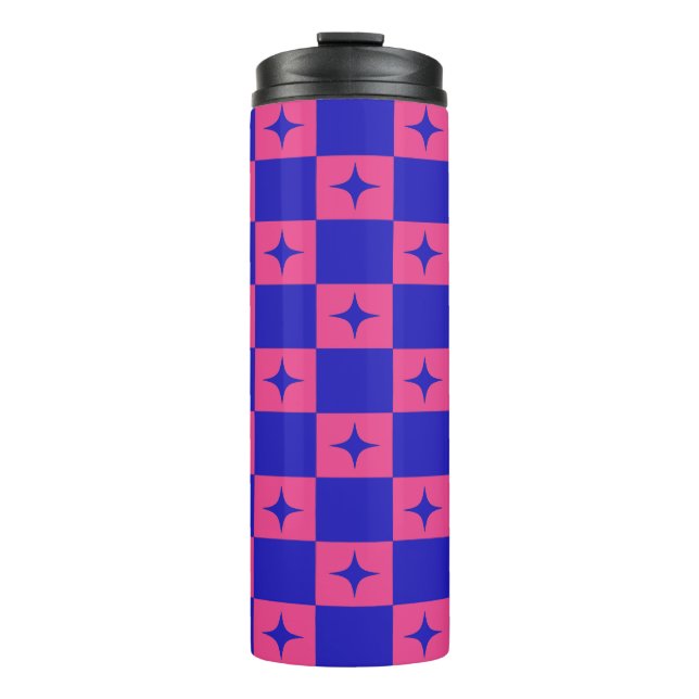 Chequered Blue & Pink Tile With Sparkles Pattern Thermal Tumbler (Front)