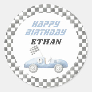 Chequered Blue Race Car Birthday Party Classic Round Sticker