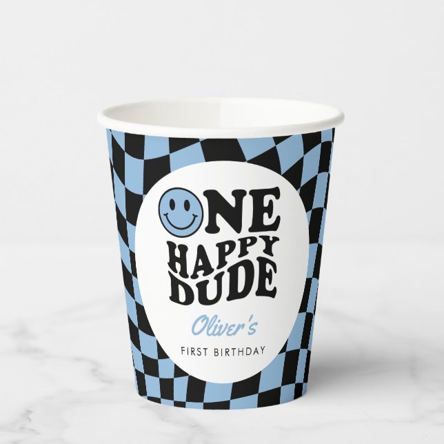 Chequered Blue Smile One Happy Dude 1st Birthday Paper Cups (Left)
