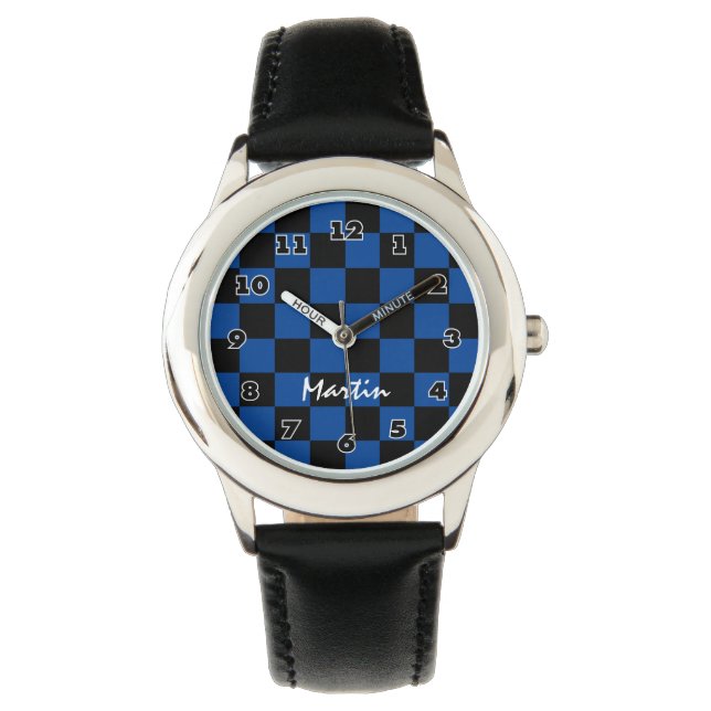 Chequered boy's watch personalised with kids name (Front)