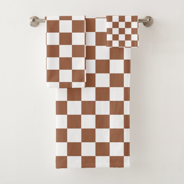 Chequered Brown and White Bath Towel Set (Insitu)