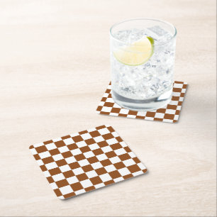 Chequered Brown and White  Square Paper Coaster