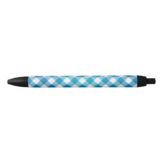 Chequered Buffalo Plaid Blue and White Black Ink Pen (Front)