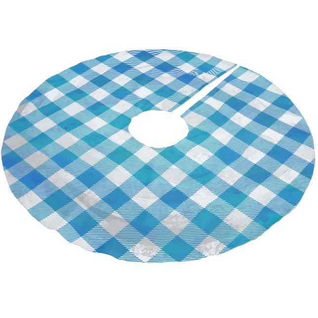 Chequered Buffalo Plaid Blue and White Brushed Polyester Tree Skirt (Angled)