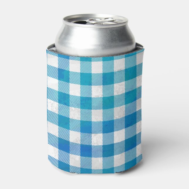 Chequered Buffalo Plaid Blue and White Can Cooler (Can Front)
