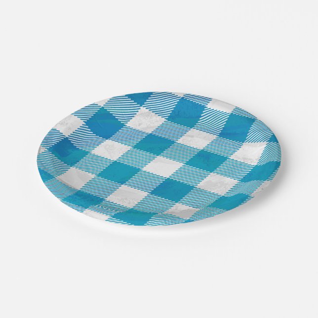 Chequered Buffalo Plaid Blue and White Paper Plate (Angled)