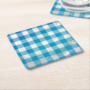 Chequered Buffalo Plaid Blue and White Square Paper Coaster