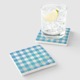 Chequered Buffalo Plaid Blue and White Stone Coaster