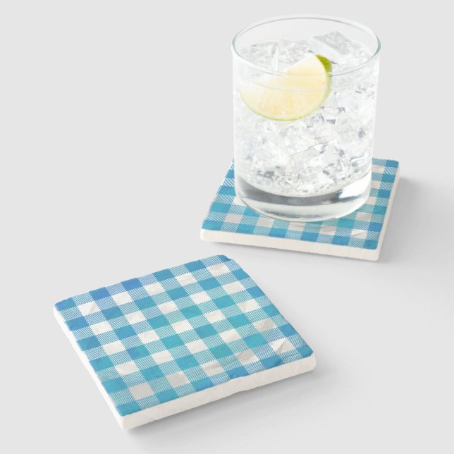 Chequered Buffalo Plaid Blue and White Stone Coaster (Side)