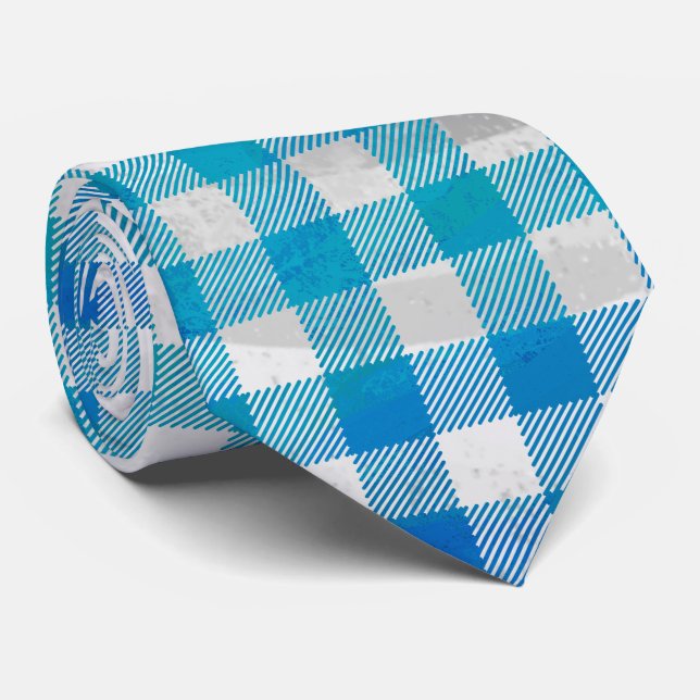 Chequered Buffalo Plaid Blue and White Tie (Rolled)