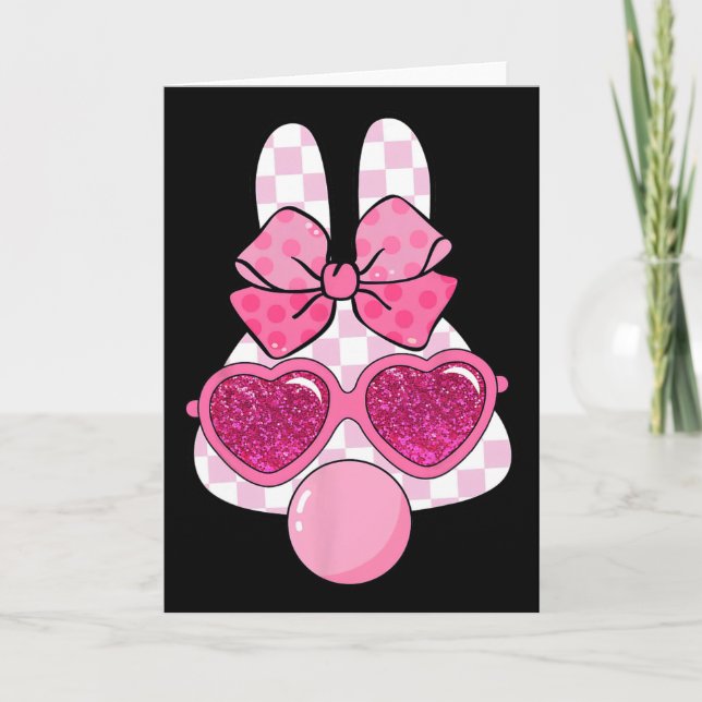 Chequered Bunny Blowing Bubble Gum Easter Coquette Card (Front)