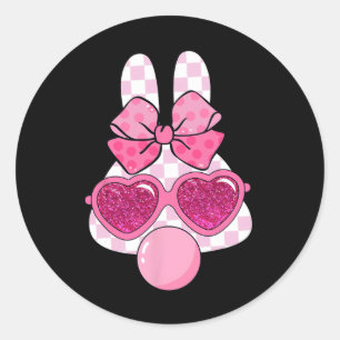 Chequered Bunny Blowing Bubble Gum Easter Coquette Classic Round Sticker