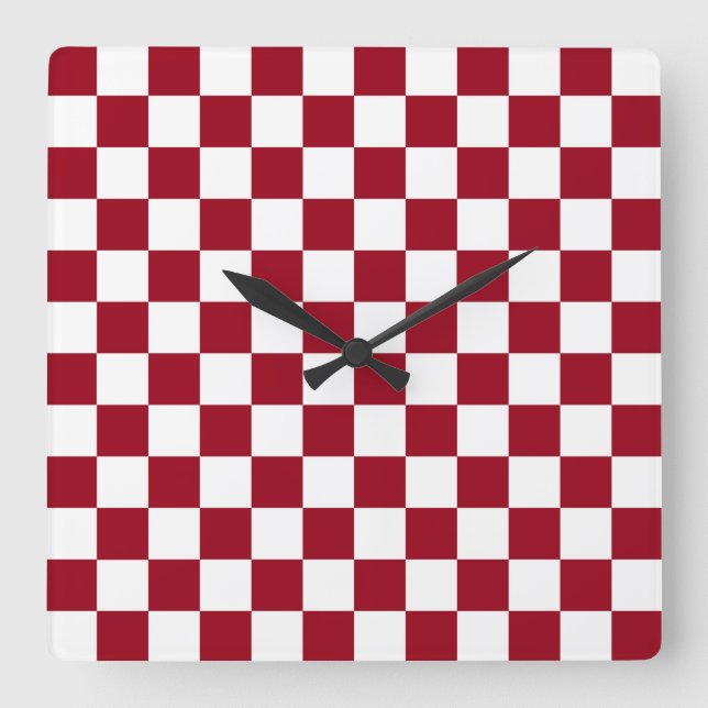 Chequered Burgundy and White Square Wall Clock (Front)