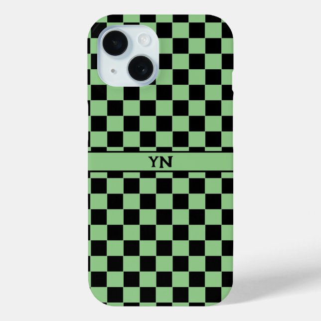 Chequered (chequered) Black & Green Initials Name  Case-Mate iPhone Case (Back)