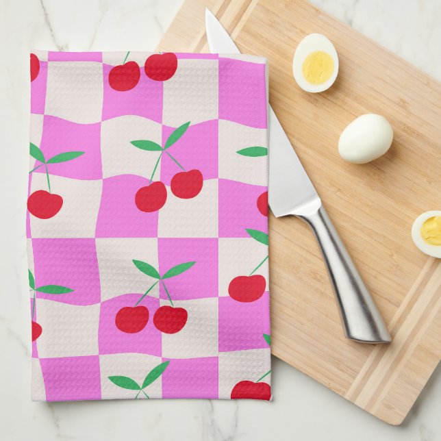 Chequered Cherries on Pink Checkerboards  Pattern  Tea Towel (Quarter Fold)