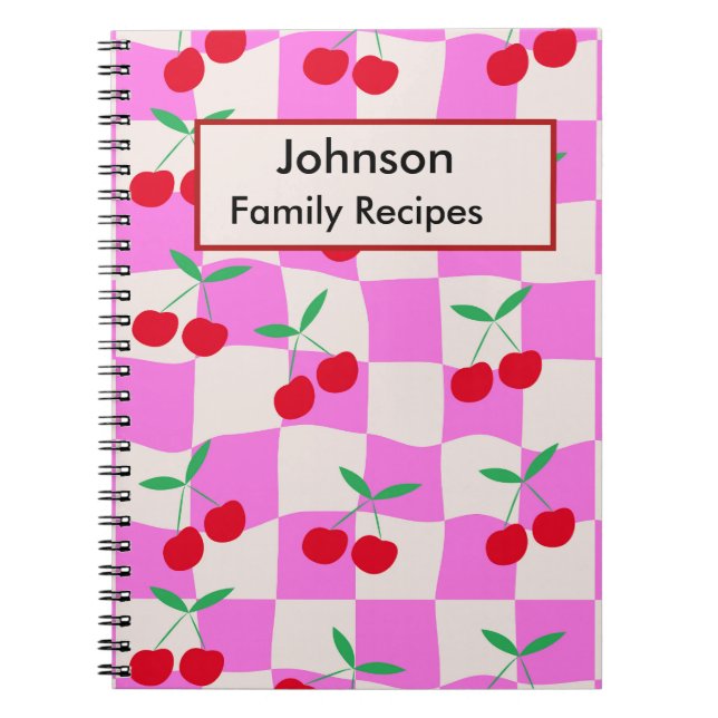 Chequered Cherries on Pink Personalised Recipes  Notebook (Front)
