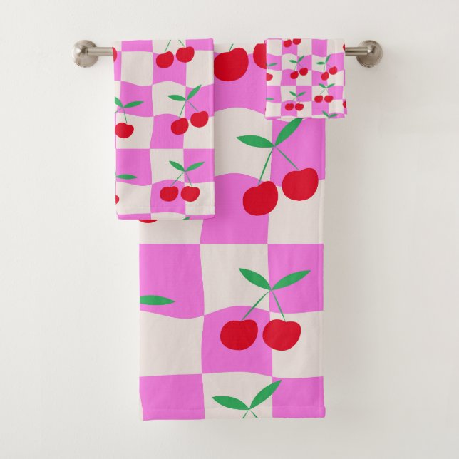 Chequered Cherries on Pink Warped Checkerboards  Bath Towel Set (Insitu)