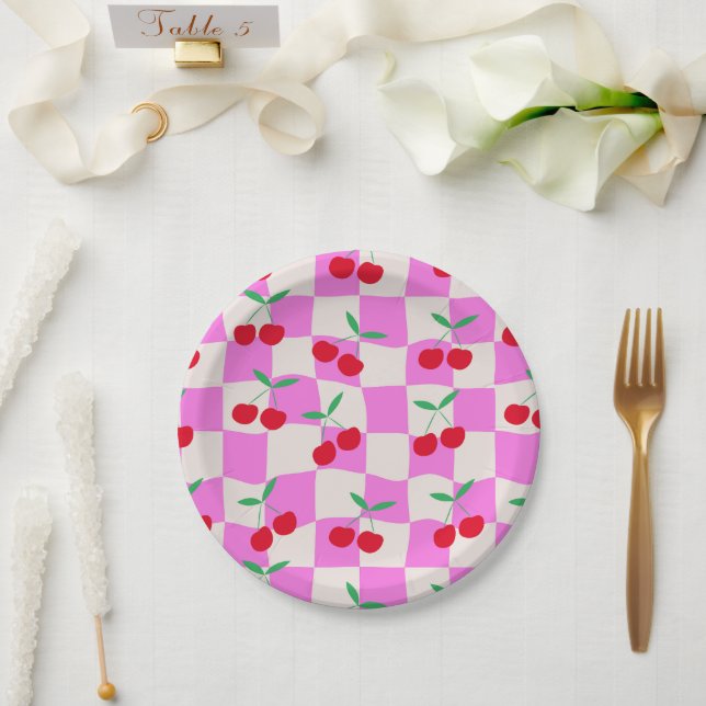 Chequered Cherries on Pink Warped Checkerboards  Paper Plate (Wedding)