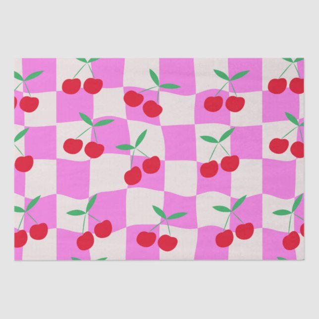Chequered Cherries on Pink Warped Checkerboards  Tissue Paper (Front)