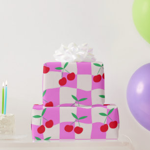 Chequered Cherries on Pink Warped Checkerboards Wrapping Paper