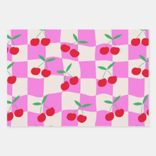 Chequered Cherries on Pink Warped Checkerboards  Wrapping Paper Sheet