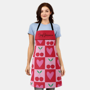 Chequered Cherries with Pink Hearts Custom Name  Apron