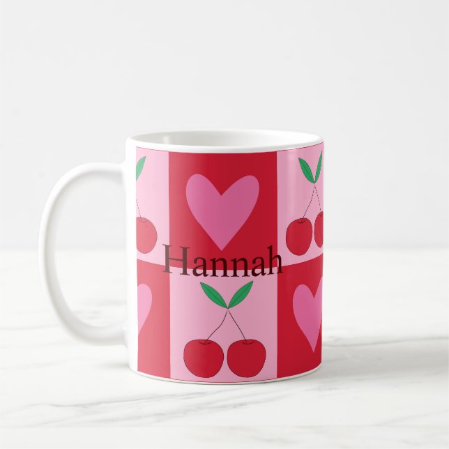 Chequered Cherries with Pink Hearts Custom Name  Coffee Mug (Left)