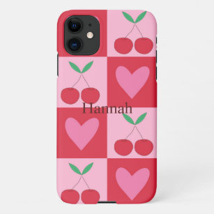 Chequered Cherries with Pink Hearts Custom Name  iPhone 11 Case