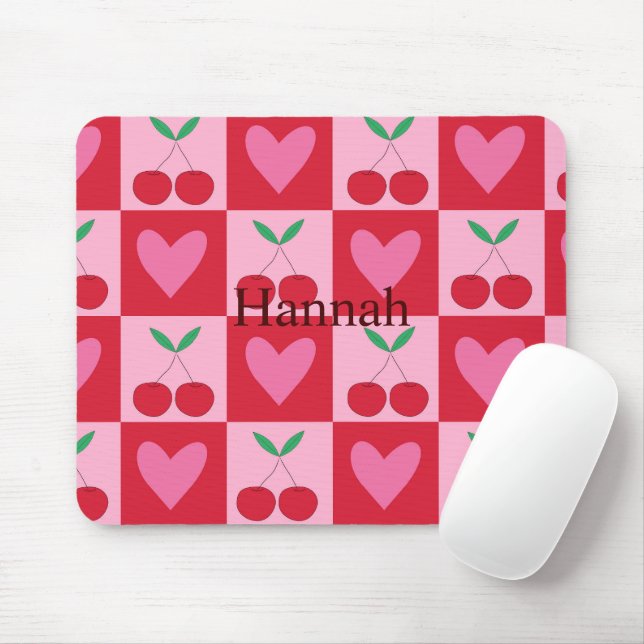 Chequered Cherries with Pink Hearts Custom Name  Mouse Mat (With Mouse)