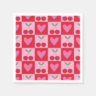 Chequered Cherries with Pink Hearts Pattern Napkin
