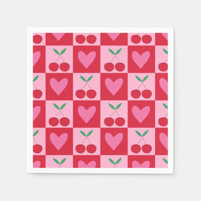 Chequered Cherries with Pink Hearts Pattern Napkin (Front)