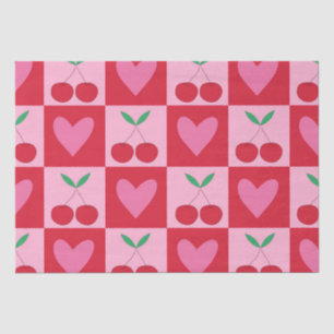 Chequered Cherries with Pink Hearts Pattern Tissue Paper