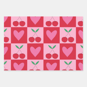 Chequered Cherries with Pink Hearts Pattern Wrapping Paper Sheet