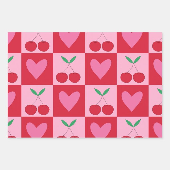 Chequered Cherries with Pink Hearts Pattern Wrapping Paper Sheet (Front)