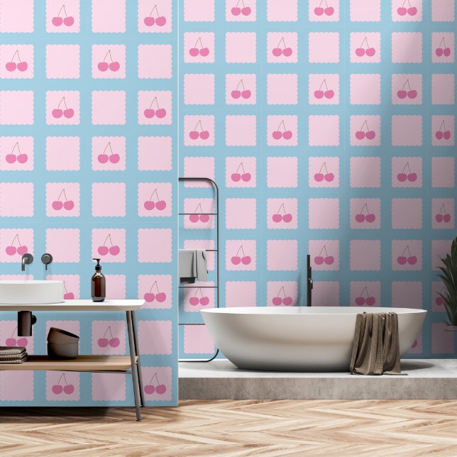 Chequered Cherry Pattern Retro Wallpaper (Bathroom)