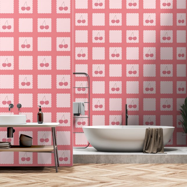 Chequered Cherry Pattern Retro Wallpaper (Bathroom)