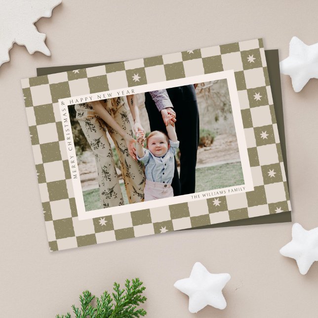 Chequered Christmas Photo Holiday Card (holiday checkered Christmas photo card on beige background)