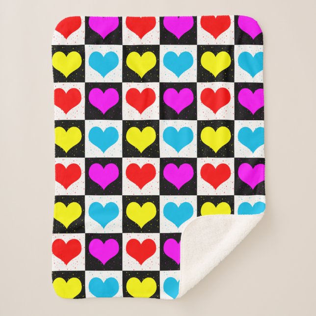 Chequered Colourful Hearts Pattern  Sherpa Blanket (Front)