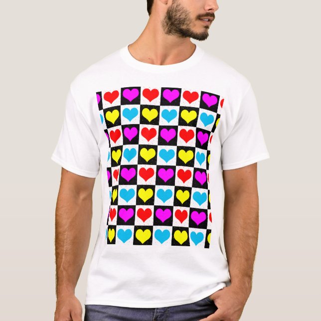 Chequered Colourful Hearts Pattern  T-Shirt (Front)
