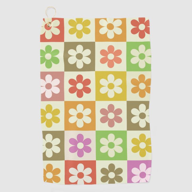 Chequered Colourful Retro Flowers Pattern  Golf Towel (Front)