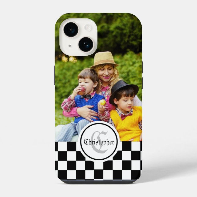 Chequered Custom Photo & Monogram iPhone Case (Back)