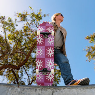 Chequered Daisies on Red and Pink Checkerboards Skateboard