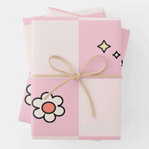 Chequered Daisies Pink Wrapping Paper Sheet
