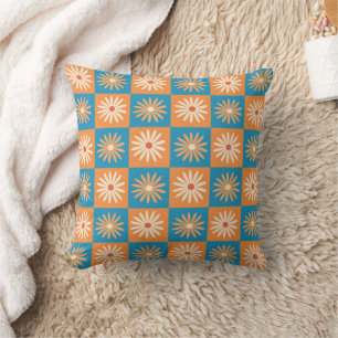 Chequered Daisy on Blue and Orange Checkerboards Cushion
