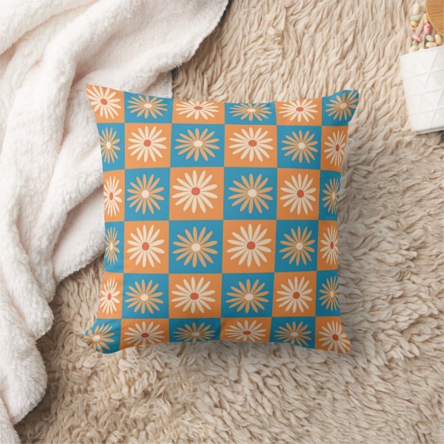 Chequered Daisy on Blue and Orange Checkerboards Cushion (Blanket)
